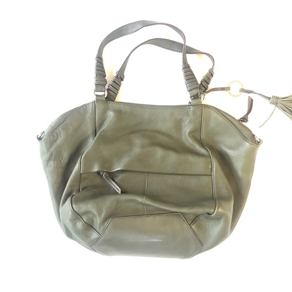 SANCTUARY DAEK OLIVE GREEN PEBBLED LEATHER TASSELED SATCHEL BAG - Picture 3 of 7